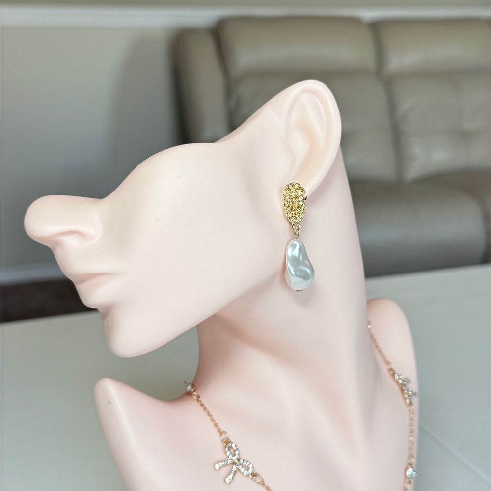 Gold-Tone Drop Earrings with Irregular Pearl